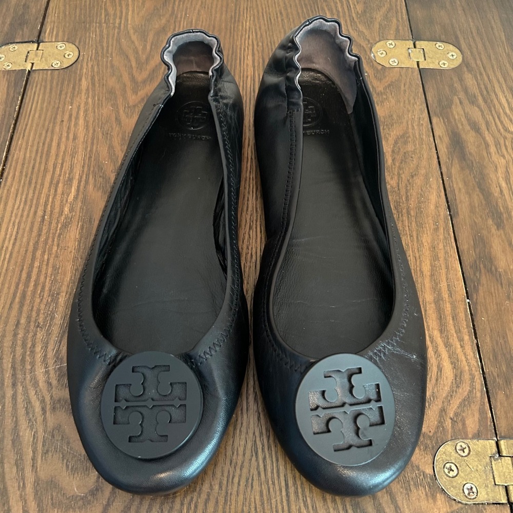 Tory Burch Minnie Travel Ballet Flats Black Leather Matte Logo Size 11M